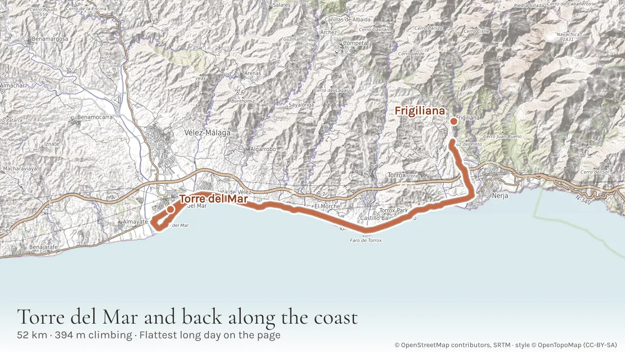 Topographic map of the 52 km out-and-back from Frigiliana west along the old N-340a through Torrox Costa and Algarrobo Costa to Torre del Mar