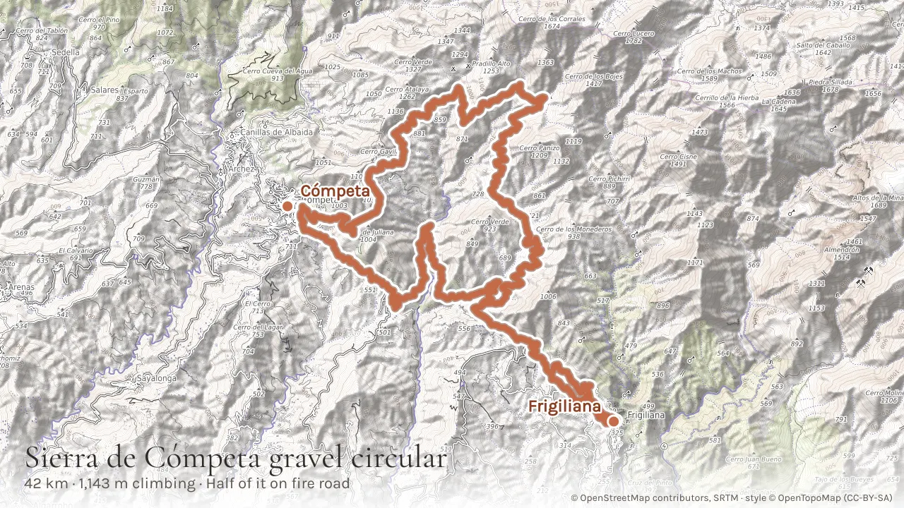 Topographic map of the 42 km gravel circular climbing north out of Frigiliana along the fire roads of the Sierra de Almijara to Cómpeta