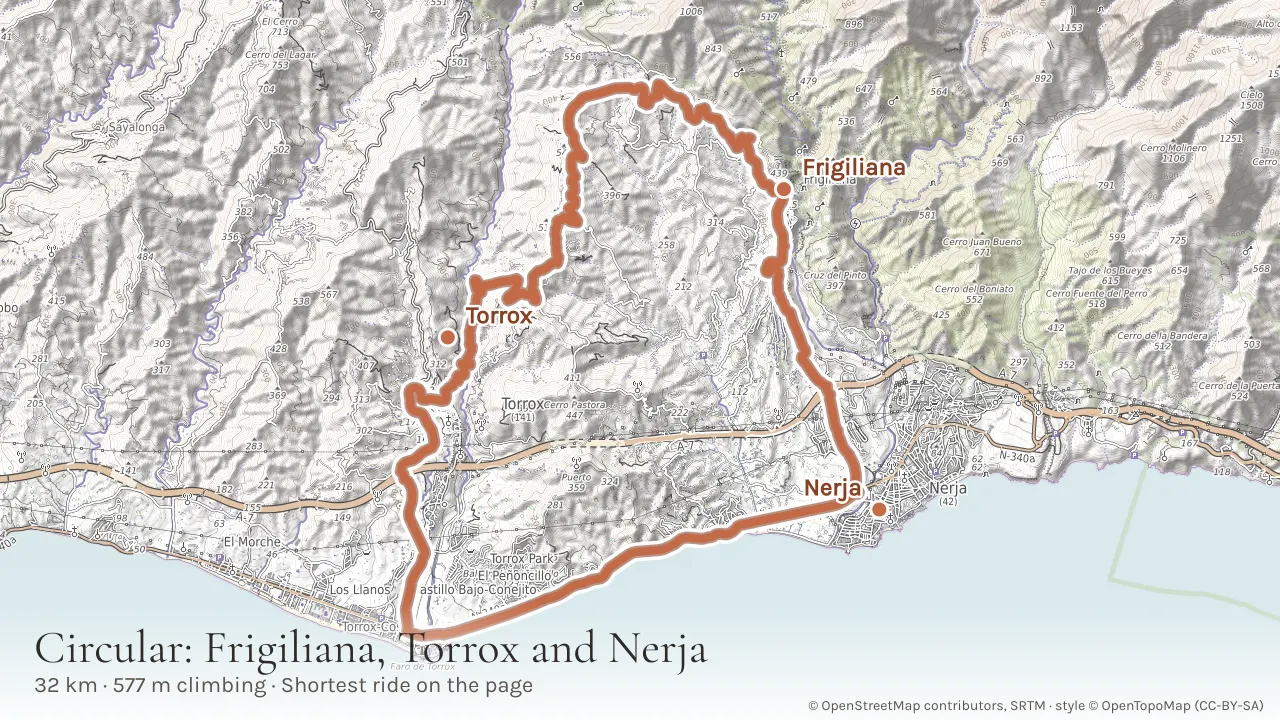 Topographic map of the 32 km circular from Frigiliana climbing west to Torrox pueblo, down to the coast and back east through Nerja