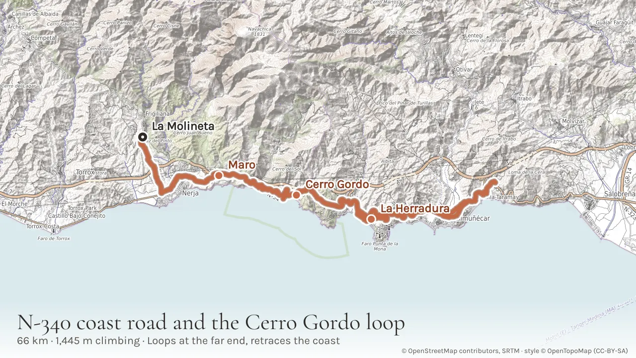 Topographic map of the 66 km ride east from Frigiliana along the old N-340 coast road over Cerro Gordo to La Herradura and Almuñécar