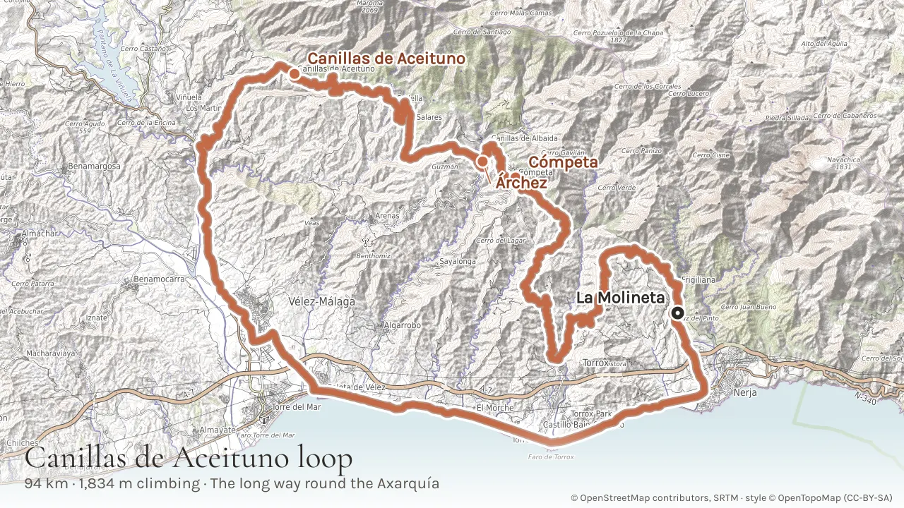 Topographic map of the 94 km loop from Frigiliana west along the coast and north through Canillas de Aceituno, Sedella, Salares and Corumbela