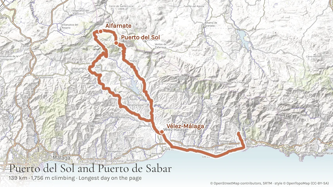 Topographic map of the 139 km route west along the coast and inland to La Viñuela, the Puerto del Sol, Alfarnate and the Zafarraya pass