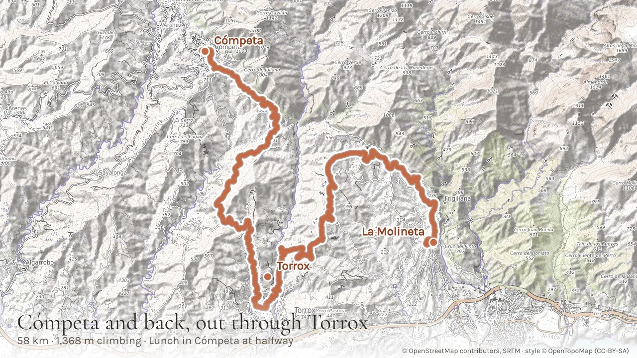 Topographic map of the 58 km out and back from La Molineta west through Torrox and north up the river road to Cómpeta