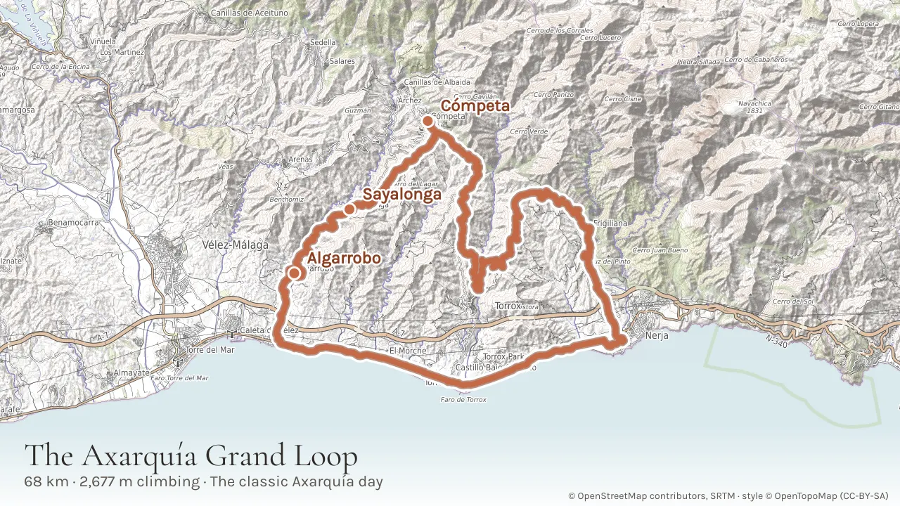 Topographic map of the 68 km Axarquía Grand Loop through Algarrobo, Sayalonga, Cómpeta and Frigiliana