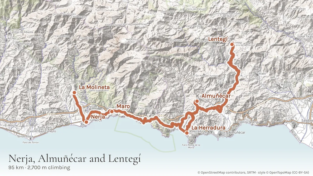 Topographic map of the 95 km out and back east from La Molineta to La Herradura and Almuñécar, climbing inland to Lentegí