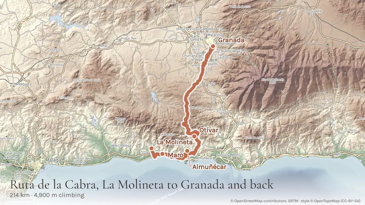 Topographic map of the 214 km Ruta de la Cabra round trip from La Molineta along the coast to Almuñécar, inland over the mountains to Granada and back