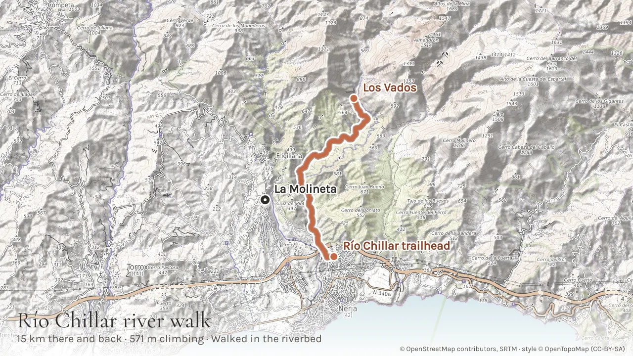 Topographic map of the Río Chillar gorge north of Nerja, with the trailhead and the Los Vados narrows marked
