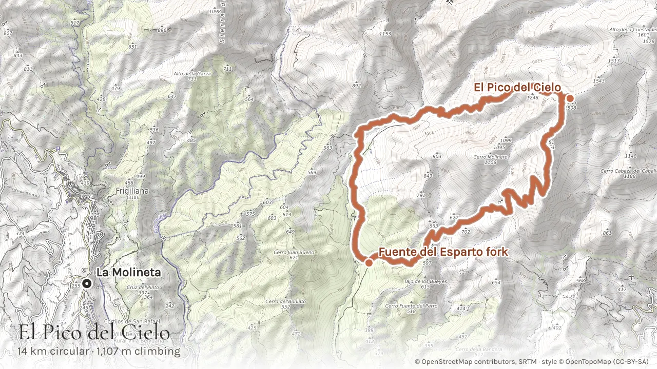 Topographic map of the circular PR-A 477 route to El Pico del Cielo, starting from the Fuente del Esparto fork above Maro and climbing to the 1,508 m summit before returning on a different line for almost its whole length