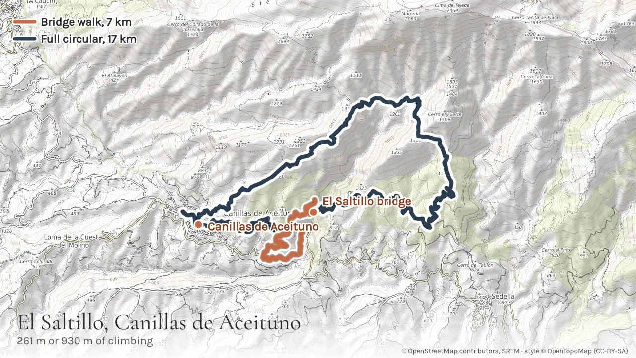 Topographic map above Canillas de Aceituno showing both walks: the short there-and-back to the bridge in terracotta and the long La Rabita circular in deep blue, with the suspension bridge marked
