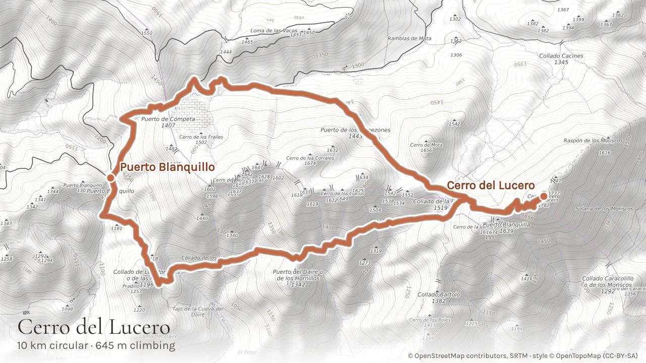 Topographic map of the circular route from the Puerto Blanquillo pass over the summit of Cerro del Lucero