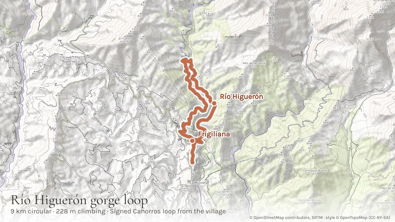 Topographic map of the Ruta Cahorros loop from Frigiliana down into the Río Higuerón gorge