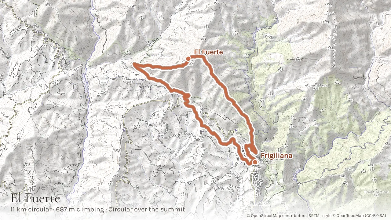 Topographic map of the circular route from Frigiliana over the summit of El Fuerte and down the far side