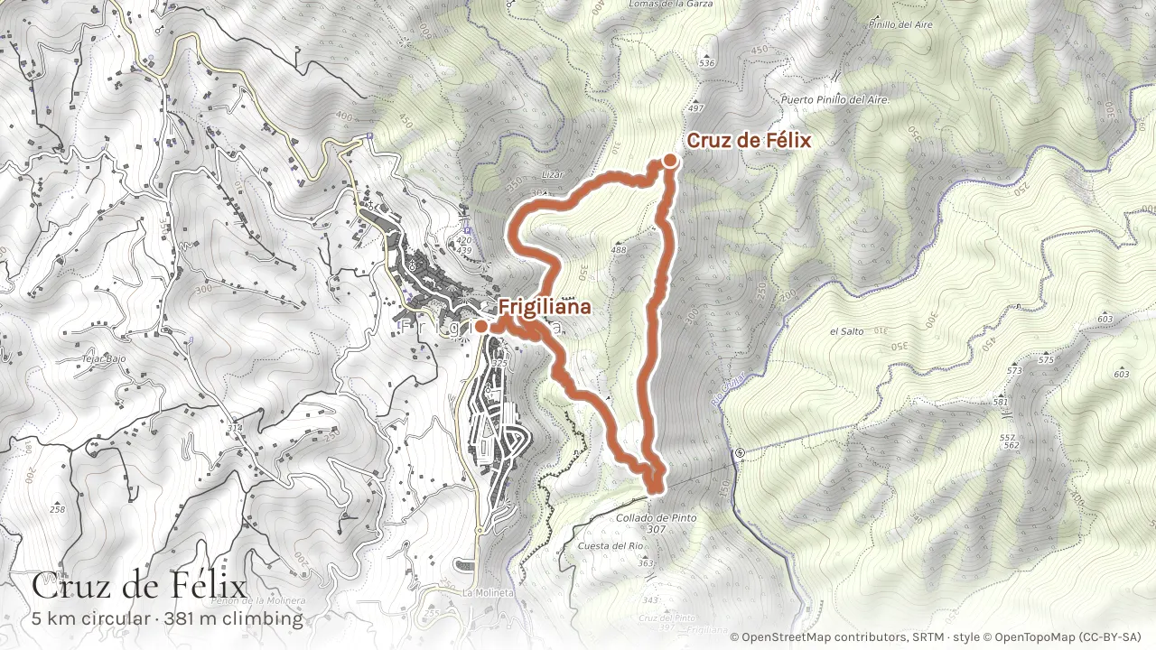 Topographic map of the Cruz de Félix circular route above Frigiliana